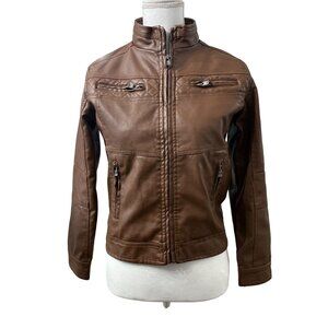 X Ray Brown Faux Leather Jacket With Zipper Pockets & High Collar Women Size M